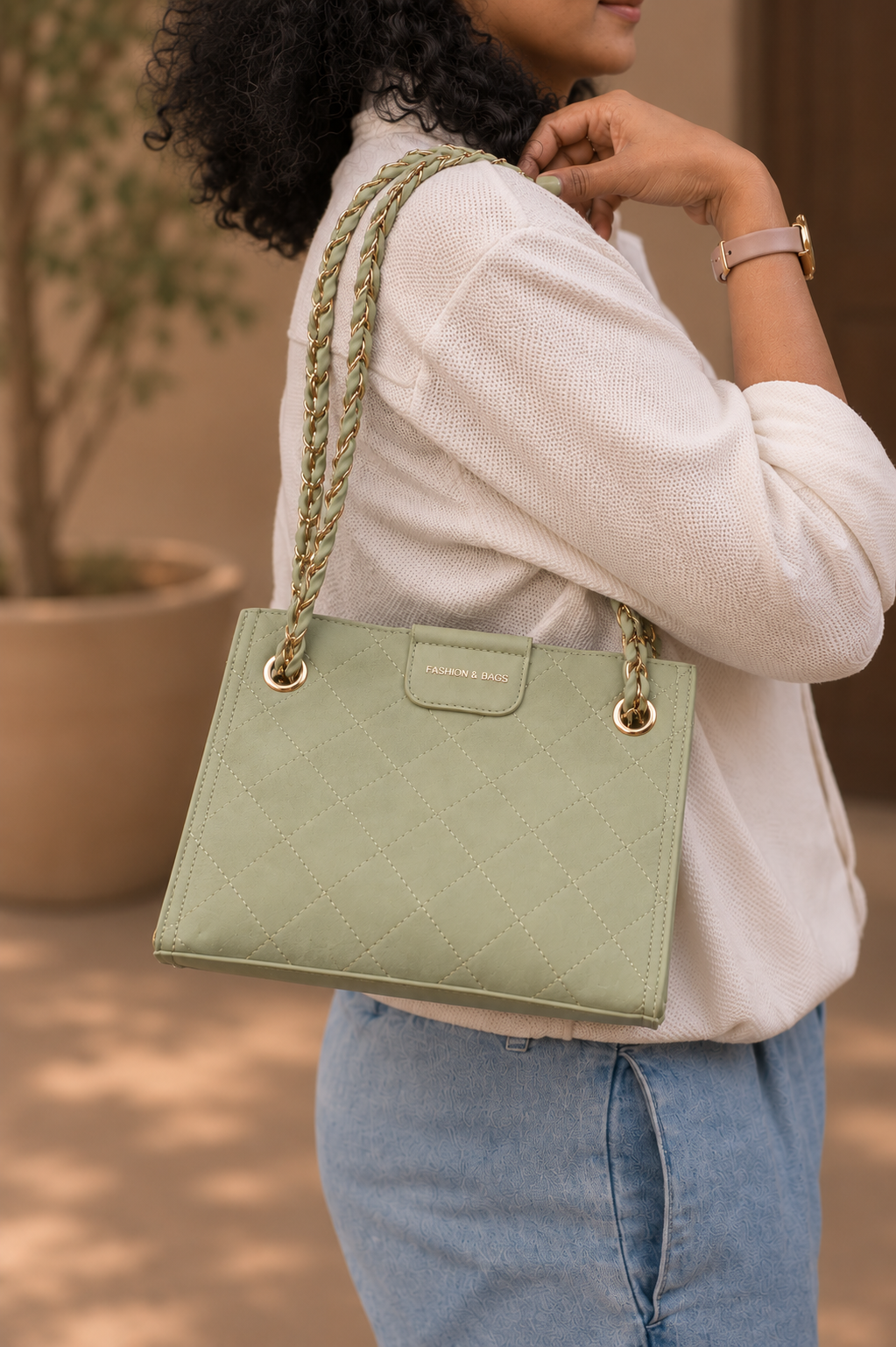 Elara Quilted Shoulder Bag – Sage Green