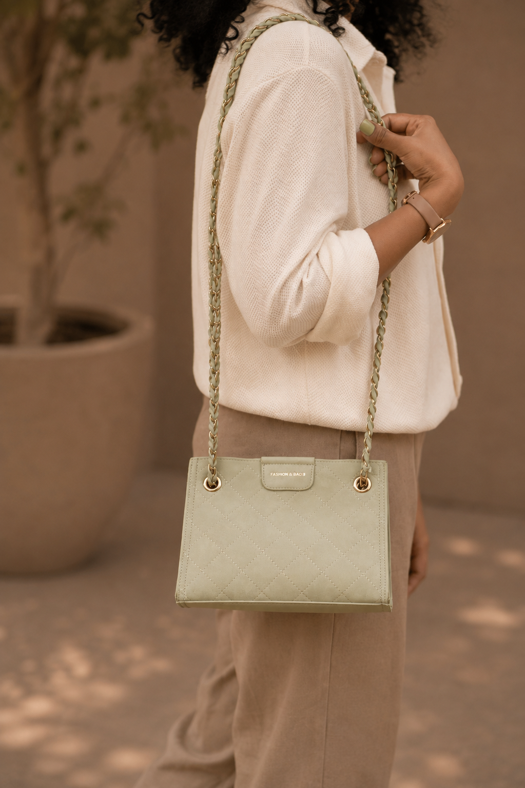 Elara Quilted Shoulder Bag – Sage Green