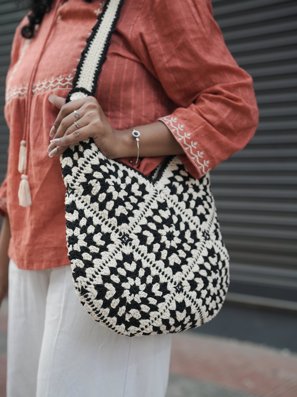 Black Siena Crochet Shoulder Bag