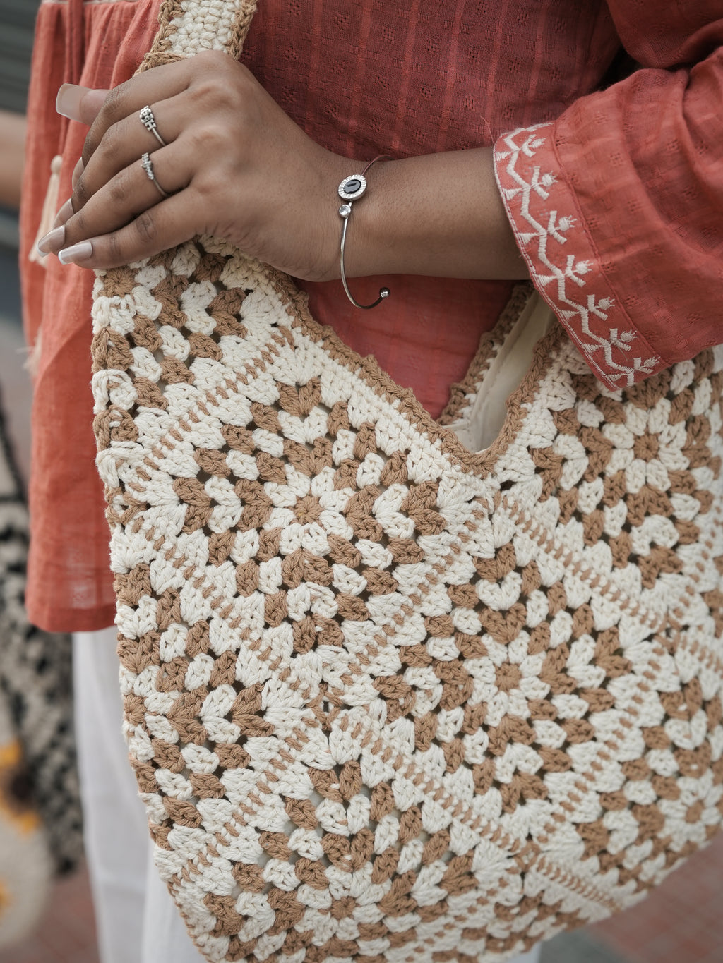 sand aria Crochet Tote Bag